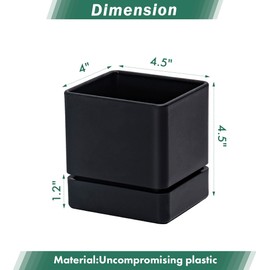 4 Inch Herb Planter Pot, Plastic Planter with Drainage Holes and Saucer, Modern Decorative Gardening Pot for Indoor Plants, Flowers, Herbs, Succulents, Black, Set of 2, 76-Y-B-2