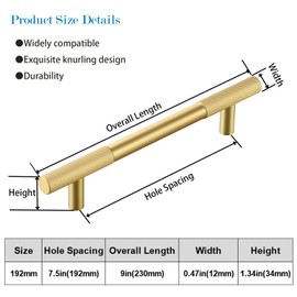 Druvlium Gold Cabinet Handles 10 Pack 7.6 Inch (192mm) Hole Spacing Gold Drawer Pulls,Knurled Brushed Gold Cabinet Pulls and Gold Kitchen Cabinet Handles