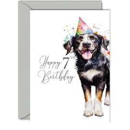 7th Birthday Cards for Boys Girls - Party Dog - Happy Birthday Card for 7 Year Old Boy Girl Grandson Granddaughter Son Daughter Nephew Niece, 5x7 Inch Bday Greeting Cards