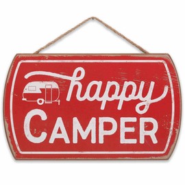 Happy Camper Hanging Wood Wall Decor - Fun Vintage Sign for RV, Camper or Garage