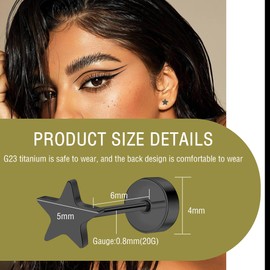 ZDE Women Flat Back Heart Earrings Non-Nickel Heart Earrings Titanium Hypoallergenic Cartilage Earrings Stud for Sensitive Ears Simple Classic 5mm Flat Stud Earring (Star-Black)