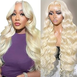 Hxxcoup Human Hair Wig Body Wave 13 x 4 Lace Front #613 Blonde Real Hair Wig Women's Glueless Wear and Go Blenched Knots with Baby Hair for Woman Minimal Smell 26 Inches / 66 cm