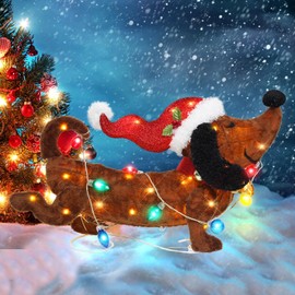 Lighted up Christmas Dog Decoration with Lights,32”Long 3D Brown Dachshund Santa Hat Decor for Outdoor Indoor Illuminated,Fluffy Puppy Christmas Holiday Display,Pre-lit Wiener Dog Christmas Addition