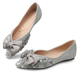DUWEIDU Silver Flats for Women Rhinestones Bow Wedding Flats Slip on Flats for Women Comfortable Dress Shoe Size 10
