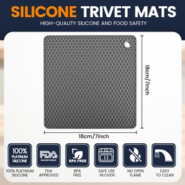 Silicone Trivet Mats 4 Heat Resistant Pot Holders Multipurpose Non-Slip Hot Pads for Kitchen Potholders, Drying mat, Jar Opener, Spoon Holder, Coaster.(Grey)