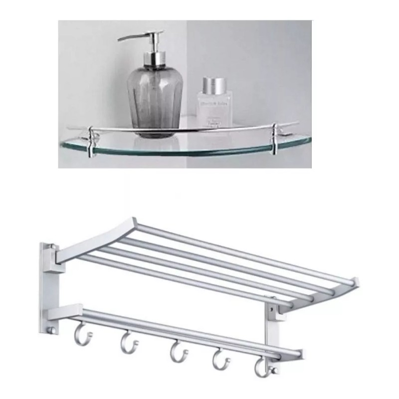 ArgenMex Set Baño 3 Repisas Esquineras Cristal + Toallero Doble