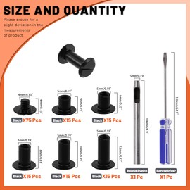 Tanstic 152 Pieces (75 Sets) Chicago Screws Assorted Kit, M5 x 5/6/8/10/12 mm Flat Head Leather Rivets Chicago Screws Binding Screw Posts Nail Rivet with Install Tool for Leather Crafts (Black)