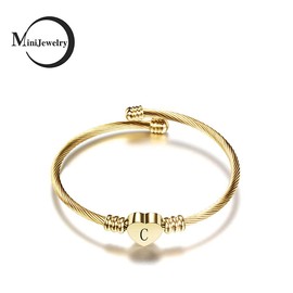 MiniJewelry Initial C Gold Heart Bangle Cuff Bracelet for Women Alphabet Letter Name Stainless Steel
