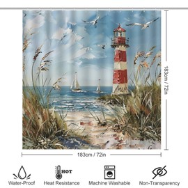 TIKRBMLB 4Pcs Vintage Lighthouse Shower Curtain Set with Toilet Lid Cover U-Shaped Mat and Non-Slip Rugs, Coast Seagull Sailboat Plant Shower Curtain Bathroom Decor Set, 72" X 72"