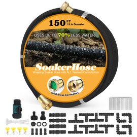 Soaker Hose 150ft for Garden Beds Solid Brass Interface Irrigation Save 70% Water Heavy Duty Rubber 1/2" Diameter Great for gardens/flower beds Accessories Contain Various Connections