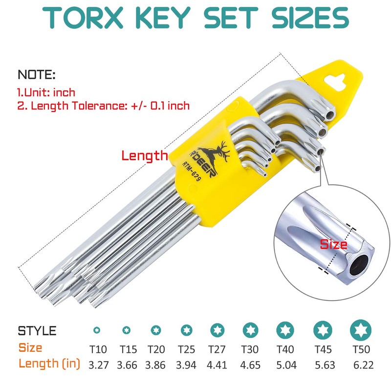 R'DEER 9 Piece Long Arm Torx Hex Key Set Industrial