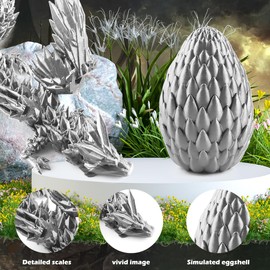 3D Printed Dragon Egg with Dragon, Crystal Dragon in the Egg Dragon Figures, 3D Printed Dragon with Wings, Realistic Mysterious Dragon Toy, Emotional Joints Dragon with Egg (Silver)