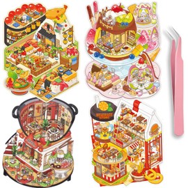 4 Sets DIY 3D Stickers Scene for Adults Teen Girls, 3D House Sticker Therapy Cute Cartoon Animal Scenes Decals, Make Your Own Mini Room Scenes,Relief Stress Pass The Time Birthday Gift