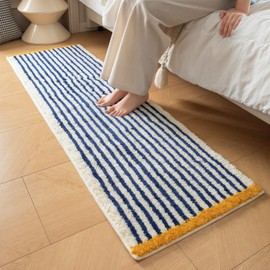 GIB Blue and White Striped Bathroom Rug Mat 16"x47", Yellow Accent, Non-Slip Washable Fluffy Shaggy Microfiber Mat, Absorbent Bath Mat for Bathroom, Aesthetic Runner Rug for Bedroom