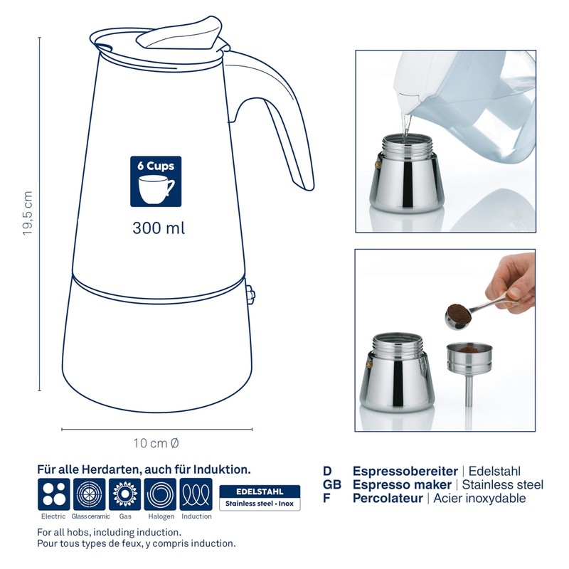 kela Espressokocher Induktion, Espressomaschine für 6 Tassen, Mokkakanne 300ml, FERRARA,