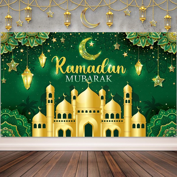Decoration Muslim Background Banner Ramadan Kareem, Eid Mubarak Background for Home Eid Al Fitr Party Supplies (Green)