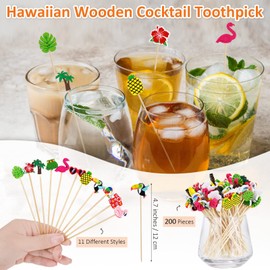 Breroa 200 Pieces Hawaiian Luau Assorted Picks Tropical Cocktail Bamboo Toothpicks Summer Pool Beach Cocktail Picks Hula Skirt Beach Ball Handmade for Appetizers Food Drinks Luau Hawaii Beach Party