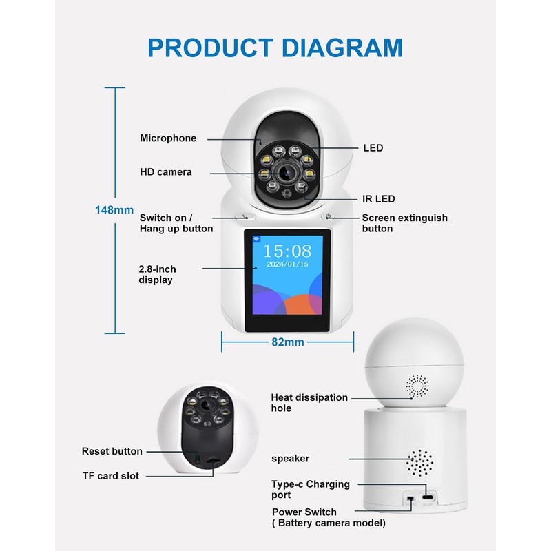 INSEETECH 2K Indoor Video Calling Camera with 2.8" IPS Screen,
