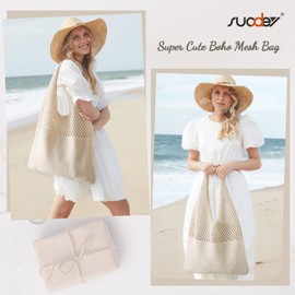 SUOSDEY Crocheted Mesh Beach Tote Bag, Summer Holiday Aesthetic Knitted Boho Shoulder Bag for Women, beige