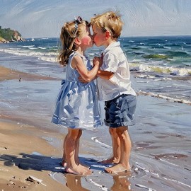 ACEO Art Card Young Boy and Girl sharing their First Kiss