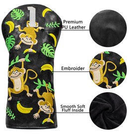 Golf Club Covers Driver Covers Fairway Wood Headcover Leather Mallet Putter Headcovers Monkey Pattern fits Most Brands of Golf Club Head Covers