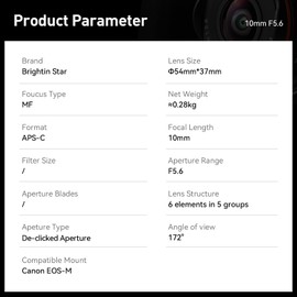 Brightin Star 10mm F5.6 Fisheye APS-C Manual Focus for Canon EOS-M Mount Mirrorless Cameras,Ultra-Wide Angle MF Large Aperture Prime Fixed Focal Lens,Fit for M6,M50,M5,M3,M200,M10,M100,M,M2(Silver)