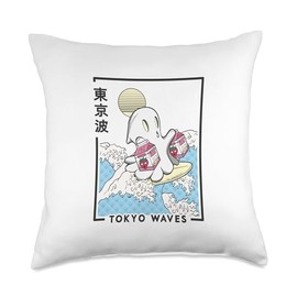 TOKYO WAVES Ghost Strawberry Milk Waves Anime Kawaii Aesthetic Throw Pillow, 18x18, Multicolor