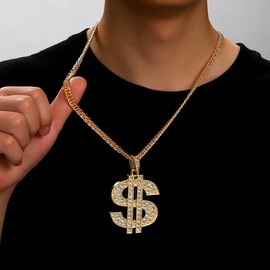 Soyzvteo Dollar Sign Necklace 80s 90s Hip Hop Money Dollar Necklace Dollars Sign Adjustable Ring Iced Out Rhinestone Chain Dollars Necklaces for Women Men Bar Party Jewelry