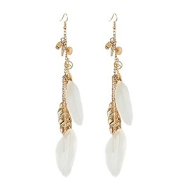fdsmall Faux Feder Ohrringe Böhmische Fransen Ohrringe Quaste Lange Tropfen Dangle Ohrringe Set Ethnische lange bunte Feder Fringe Ohrringe für Frauen (White)
