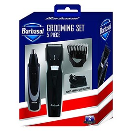 Barbasol Battery Powered 5 Piece Electric Grooming Set with Stainless Steel Blades, Body and Beard Trimmer, Ear and Nose Trimmer, Built in Adjustable Position Guides and Travel Bag