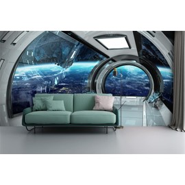 FLFK 3D Futuristic Spaceship Interior View Self-Adhesive Wallpaper Wall Murals for Kids Bedroom Living Room Decor 141.7"x98.4"