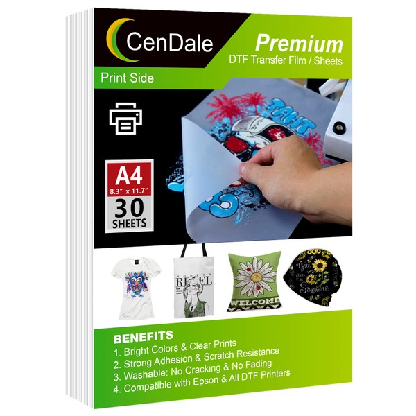 CenDale DTF Transfer Film - A4(8.3" x 11.7") 30 Sheets Double-Sided Matte Clear PreTreat Sheets- PET Heat Transfer Paper for DYI Direct Print on T-Shirts Textile