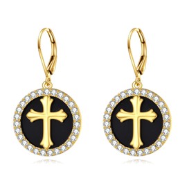 Sterling Silver Cross Earrings for Women Yellow Gold Cubia Zirconia Black Cross Dangle Earrings Jewellery Gifts for Teen Girls