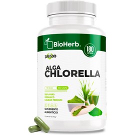 BioHerb  Alga Chlorella Orgánica 100 Pura  Superfood Natural con 180 Cápsulas de 500 mg (Suministro Para 90 Días) Alta Concentración de Clorofila,