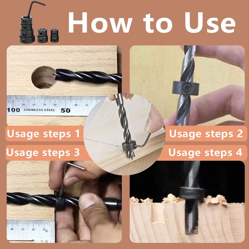 Drill Bit Depth Stop Collar Set 8 Pcs, Woodworking Positioning
