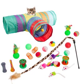 22 Pcs Cat Toys for Indoor Cats Collapsible 3 Way Cat Tunnel Interactive Feather Teaser Wand Ball Toy for Kitten Cats (22pcs-3 Way)