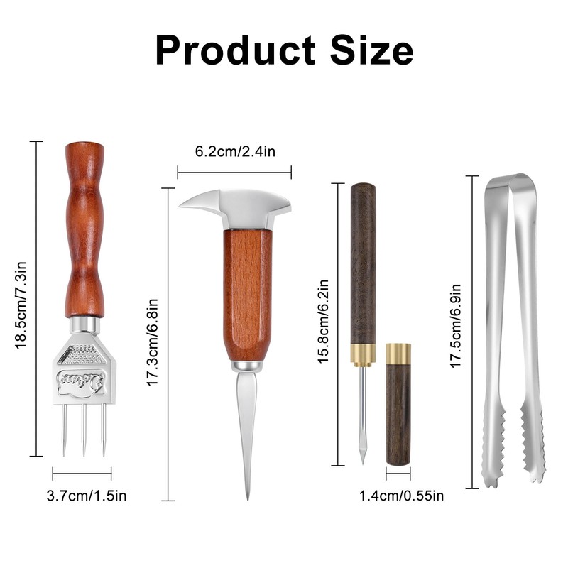 4Pcs Ice Pick Set, Stainless Steel Ice Chipper with Wood