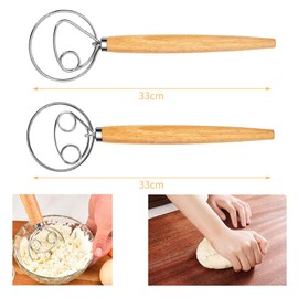 2pcs Castella Mixer Manual Stainless Steel Whisk and Noodle Wooden Handle Flour Mixer Dough Kneading Rod Castella Bake Tool Kitchen Utensils (Long Handle Single Hook + Double Handle Hook)