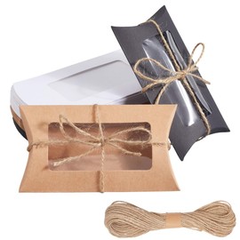 Beebeecraft 30Pcs Paper Pillow Candy Box 3 Colors Pillow Packaging Box with Clear Window and Jute Twines for Bakery Candy Chocolate Jewelry Display Wedding Party Favor