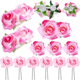Waydress 12 Pieces Rose Flower Hair Clip Rose Brooch Floral Clips Mexican Flower Hair Pins Accessories for Women Mother Bridal Flamenco Dancer Wedding Party Supplies