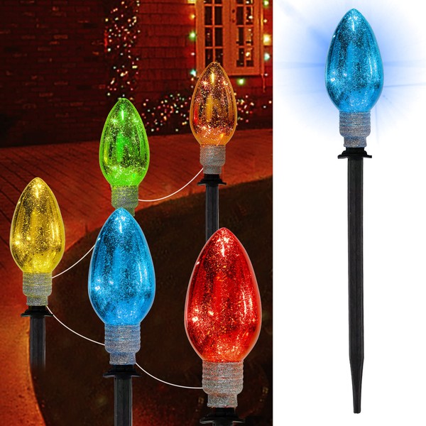 Twinkle Star Christmas Pathway Lights, C9 Lights, 5 Pack Large Multicolored Bulbs with Pathway Marker Stakes, Connectable Incandescent Decorative Lights for Holiday Patio Garden Christmas Decorations