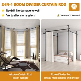 Room Divider Curtain Rod No Drilling for Wide Space, Adjustable 28-171in(W) 4-10ft(H) Heavy Duty Floor to Ceiling Tension Rod Temporary Privacy Wall Dividers Separation Partitions Black Window Rods
