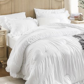 QUIETSEA King Comforter Set Seersucker 7 Pieces Luxury Ruffle Bed in a Bag King Size for All Season White Bedding Set with Comforter, Pillowcases, Flat Sheet, Fitted Sheet and Pillow Shams