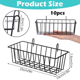 10 PCS Hanging Wire Baskets for Organizing - Hanging Metal Basket Storage with Wall Grid Panel, Rust-Resistant Iron for Kitchen Bathroom Home Decor (Black, 9x3.9x3 Inches)