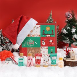 Christmas Advent Calendar 2024, 12 Days of Holiday Advent Calendar for Women, BODY & EARTH Spa Gift Baskets with Snowman Bath Bomb, Scented Candle, Christmas Hat, New Year Bath Set for Women