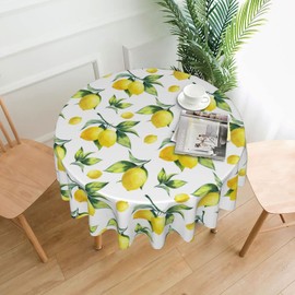 Lemon Tablecloth Round 60 Inches for Spring Summer Yellow Lemon Table Cloth Polyester Anti-Wrinkle Washable Circle Table Cover for Kitchen Dining Room Picnic Patio Wedding Party