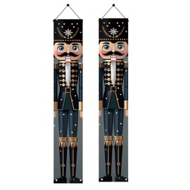 Saoplasa 2PCS Christmas Nutcracker Porch Banners 71 x 12 Inch Black and Gold Soldier Door Decorations with Snowflake Hat Front Porch Hanging Signs for Holiday Winter Party Entryway Decor