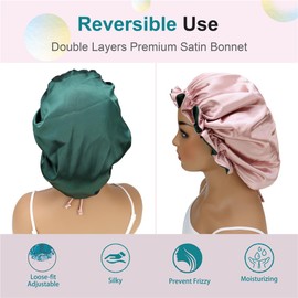 Adjustable Silk Satin Bonnet Hair Care Caps for Women Girls Loose-fitting Reversible Sleeping Cap Shower Caps Hair Wrap Bonnets (003 Spruce/Blush)