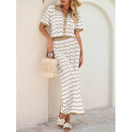 Saodimallsu Women Striped Beach Cover Up Set Button Short Sleeve Collared Crop Top Maxi Skirt Crochet 2 Piece Outfits Camel