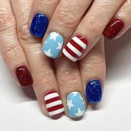 4th of July Press on Nails Short Square Fake Nails Star False Nails Blue Red Glossy Full Cover Acrylic Nails with Designs Glitter Glue on Nails Artificial Stick on Nails for Women Manicure 24 Pcs